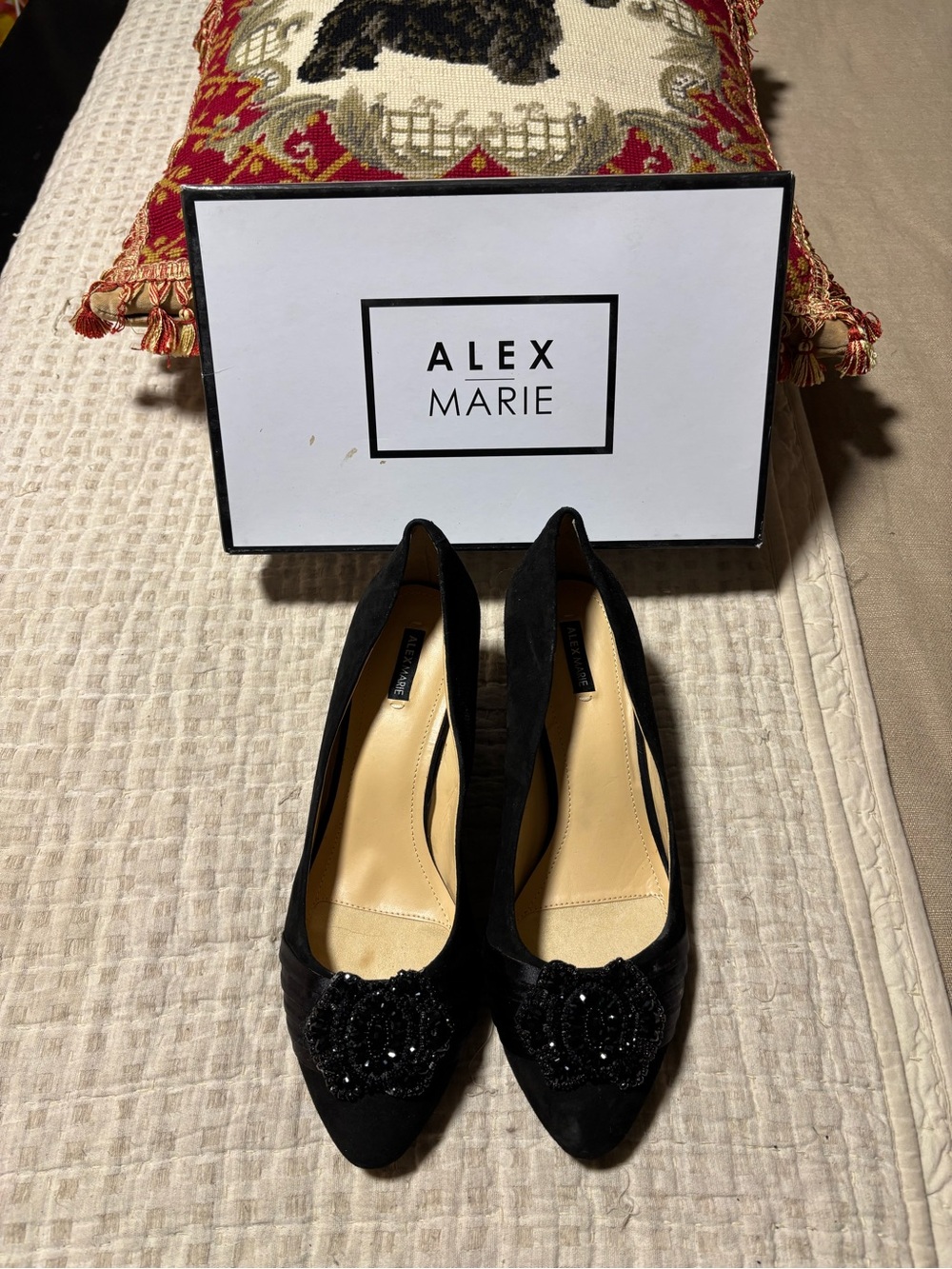 Alex Marie Black Beaded Pointed Toe Pumps with Floral Accent